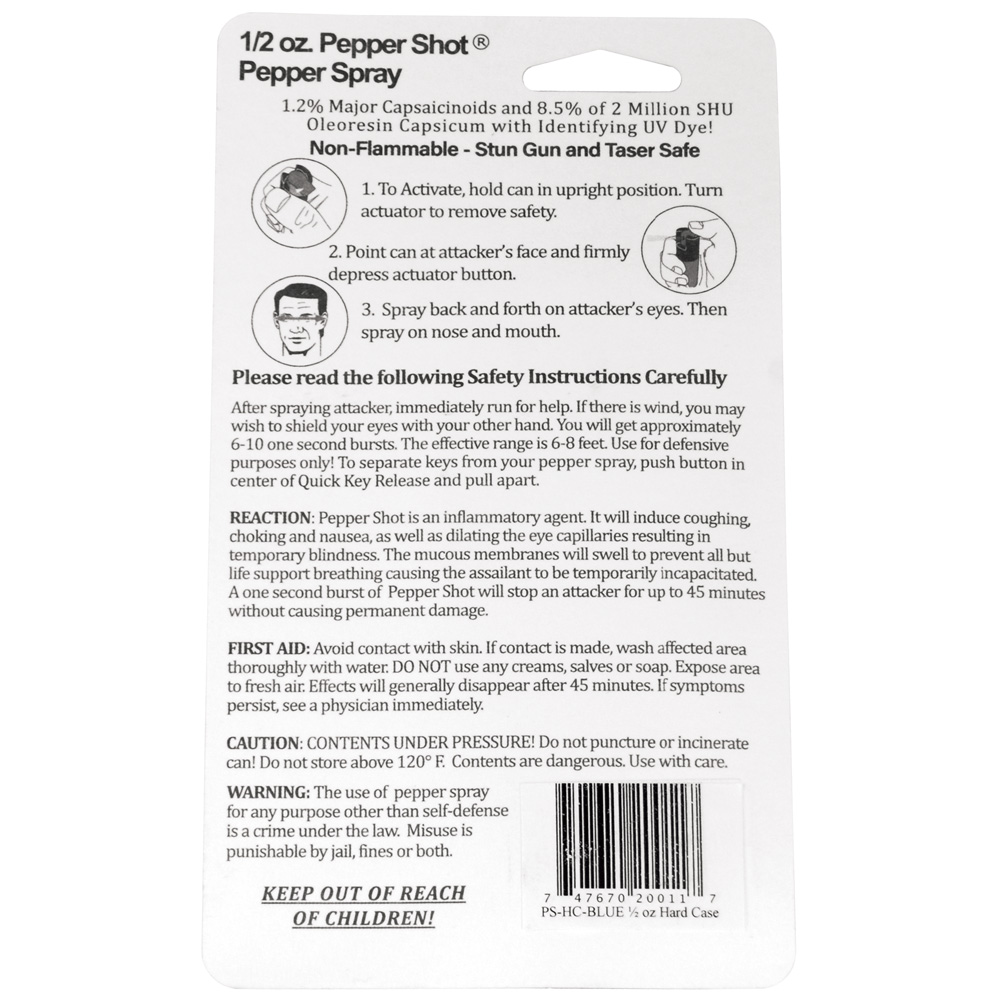 Pepper Shot 1.2% MC 1/2 oz pepper spray hard case belt clip and quick release keychain blue view 2